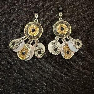 Black stone and Silver tone Dangle Earrings